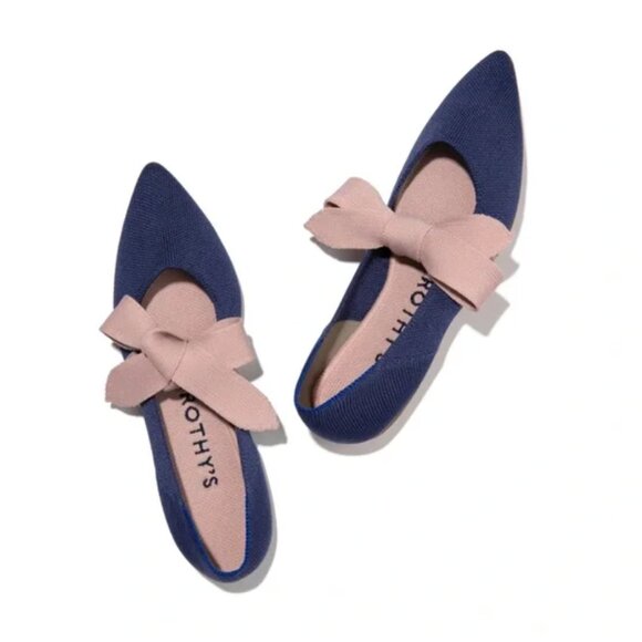 Rothy's Shoes - Rothy's The Point Mary Jane Blue Flats Pink Bow Ballet Shoes